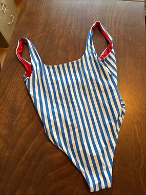 Simons réversible Blue and White Striped One-Piece Swimsuit